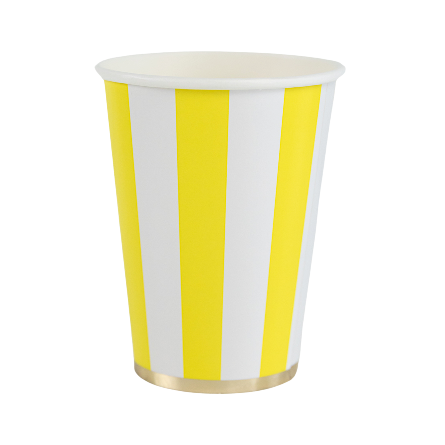 Paper cup with yellow and white vertical stripes on a white background
