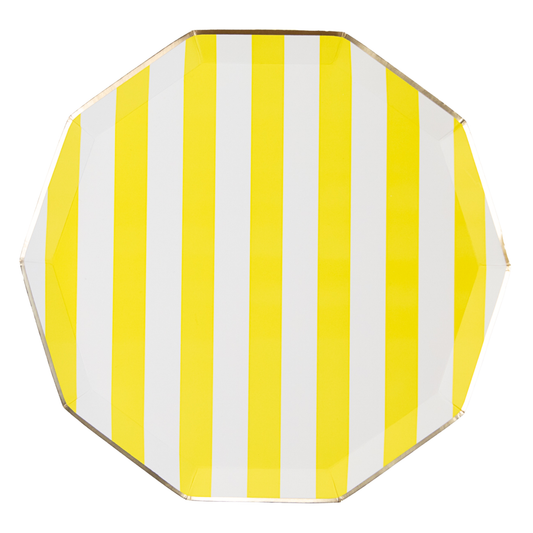 Octagonal plate with yellow and white vertical stripes on a white background