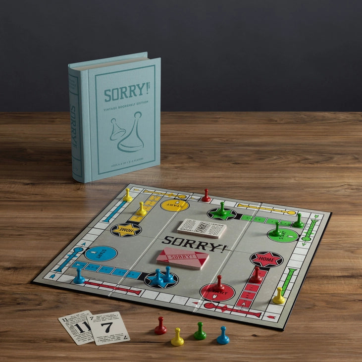 Sorry! game board, wooden pawns and vintage cards from the bookshelf edition -Sold in Toronto.