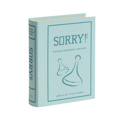 Sorry! Vintage Bookshelf Edition in fabric-wrapped book case, stylish and practical for game nights. Sold in Toronto and ships Canada-wide.