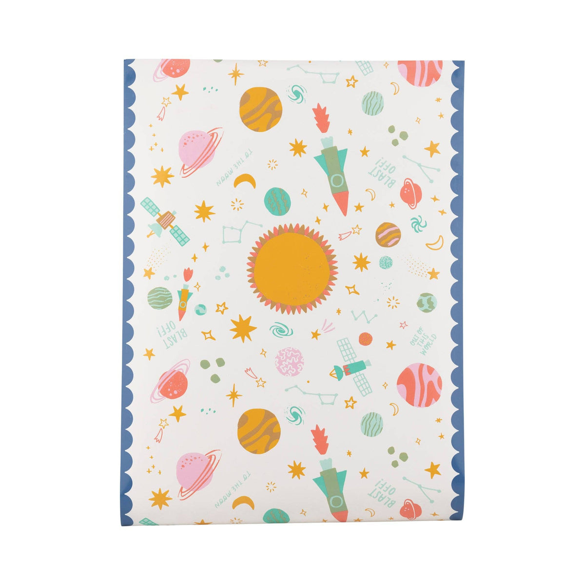 Colourful space party table runner featuring pastel planets, rockets, stars and a blue scalloped border. Pick up in Toronto + Canada-wide shipping available.