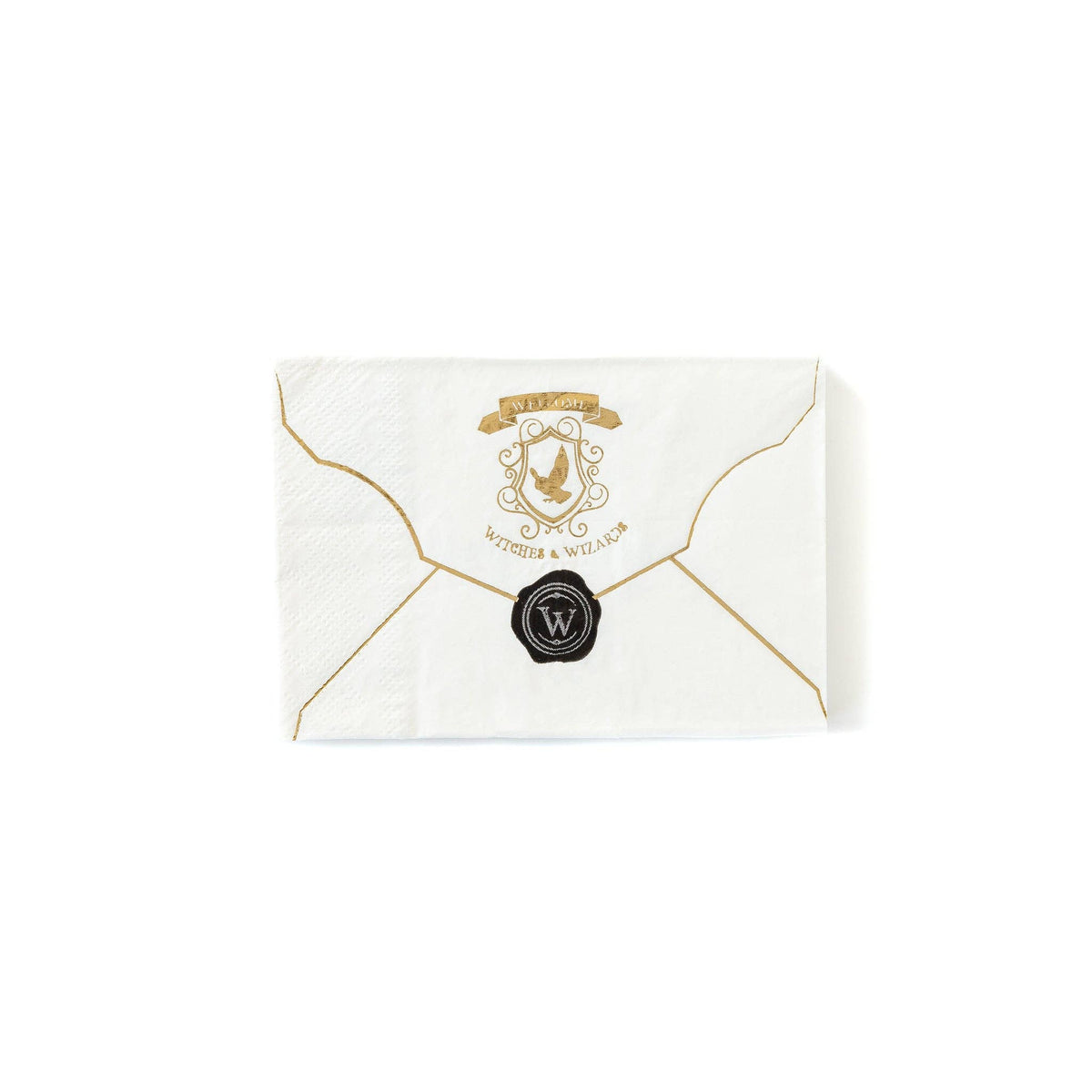 White wizard envelope napkin with gold foil details and black illustrated wax seal