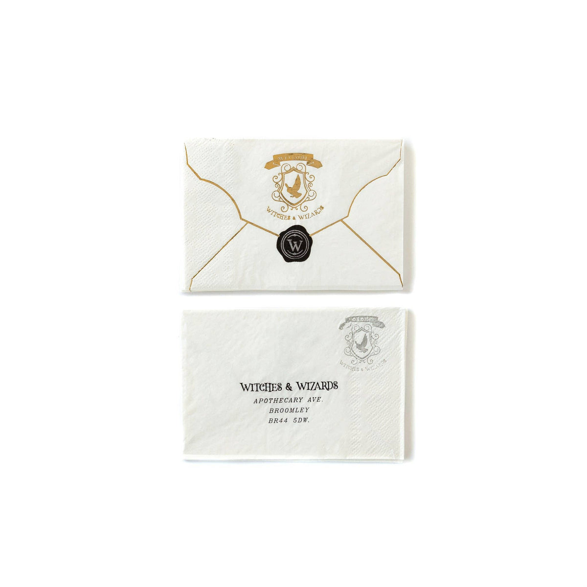 Spellbound envelope-shaped napkins with gold foil wizard crest and black wax seal design