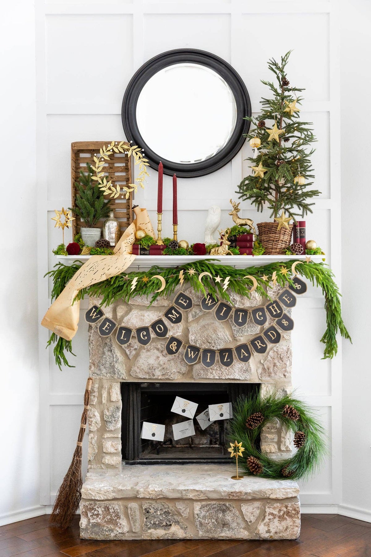 Wizard-themed party decor with Spellbound envelope napkins and magical decorations
