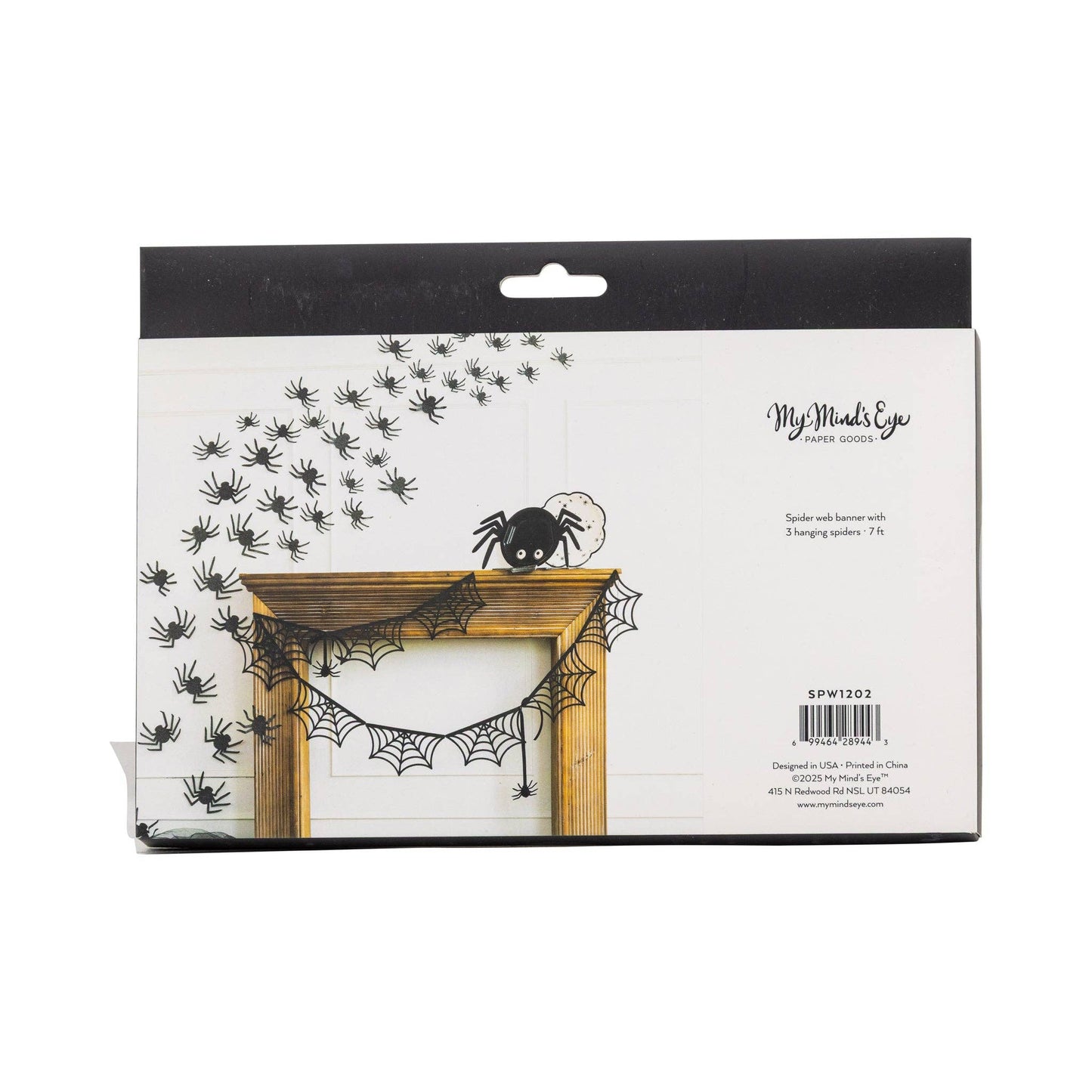 Halloween-themed product packaging with spider decorations on a white background