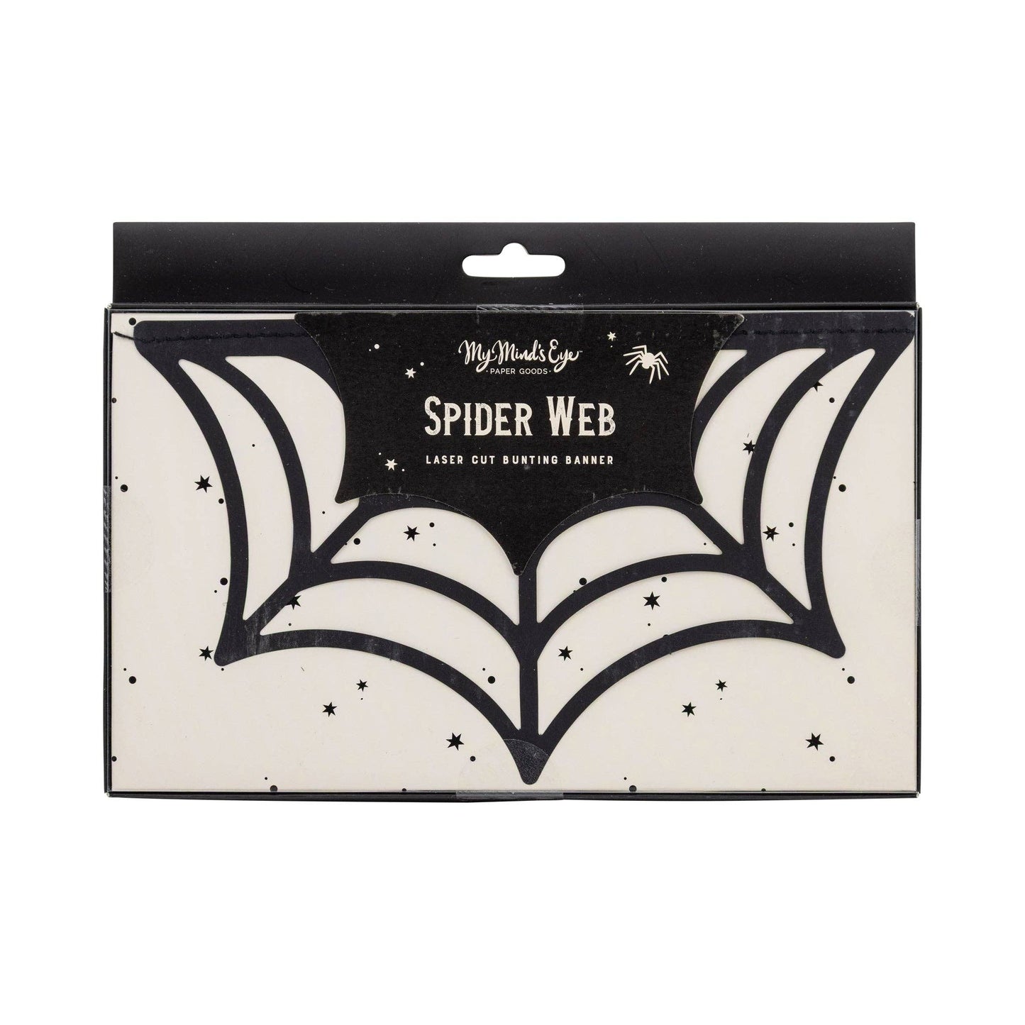 Packaging of a spider web cutout lighting banner with 'My Mind's Eye' branding.