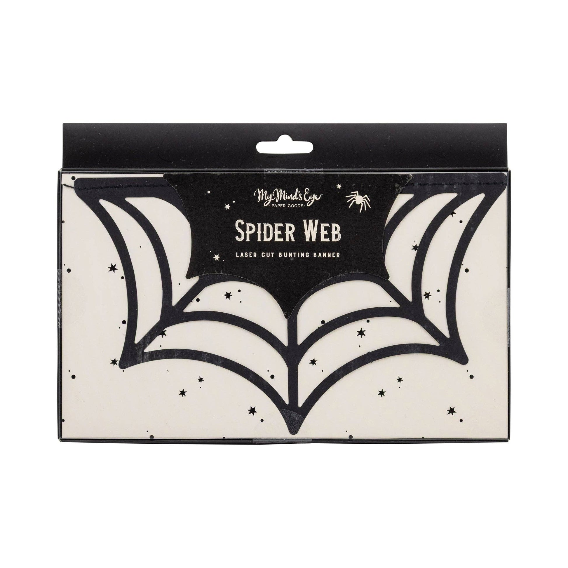 Packaging of a spider web cutout lighting banner with 'My Mind's Eye' branding.
