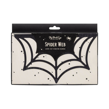 Packaging of a spider web cutout lighting banner with 'My Mind's Eye' branding.