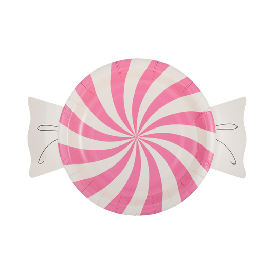 Pink and white candy swirl treat-shaped paper plate, perfect for holiday parties and Christmas celebrations in Toronto.