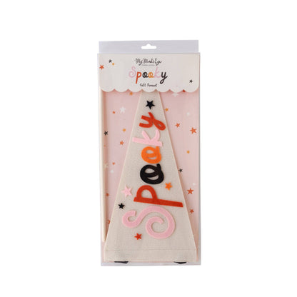 Flat packaged spooky felt pennant flag with festive lettering, available at our Toronto party shop.