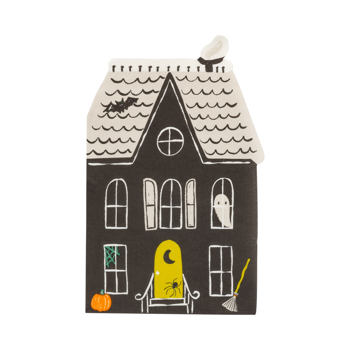 Haunted house shaped Halloween napkins with ghost, bat and pumpkin details