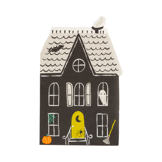 Haunted house shaped Halloween napkins with ghost, bat and pumpkin details