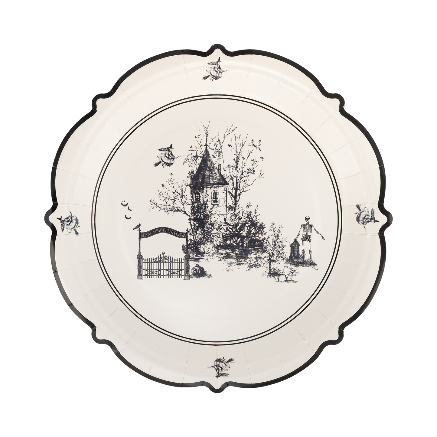 Haunted toile Halloween paper plate with vintage spooky house, skeleton and witch illustration.