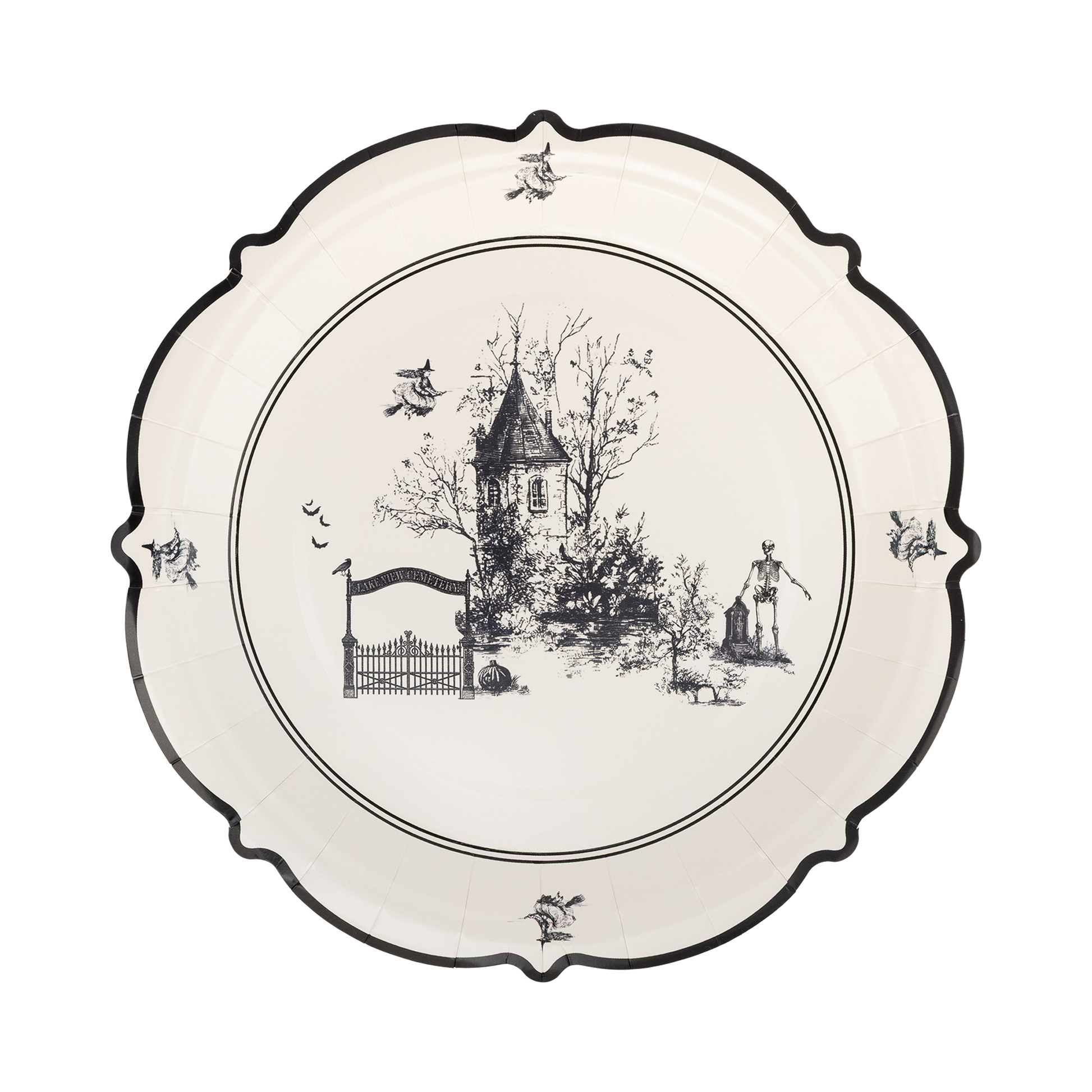 Haunted toile Halloween paper plate with vintage spooky house, skeleton and witch illustration.