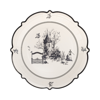 Haunted toile Halloween paper plate with vintage spooky house, skeleton and witch illustration.