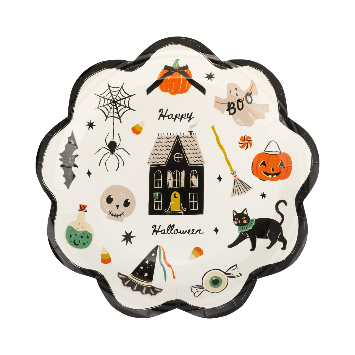 Cream scalloped Halloween paper plates with haunted house, ghosts, pumpkins, black cat and spooky icons