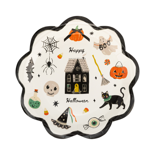 Cream scalloped Halloween paper plates with haunted house, ghosts, pumpkins, black cat and spooky icons