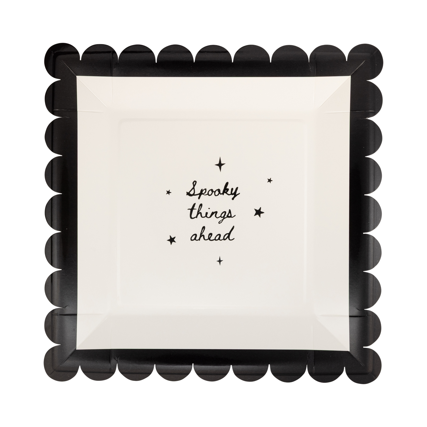square paper plates with 'Spooky things ahead' text and black scalloped border on a white background