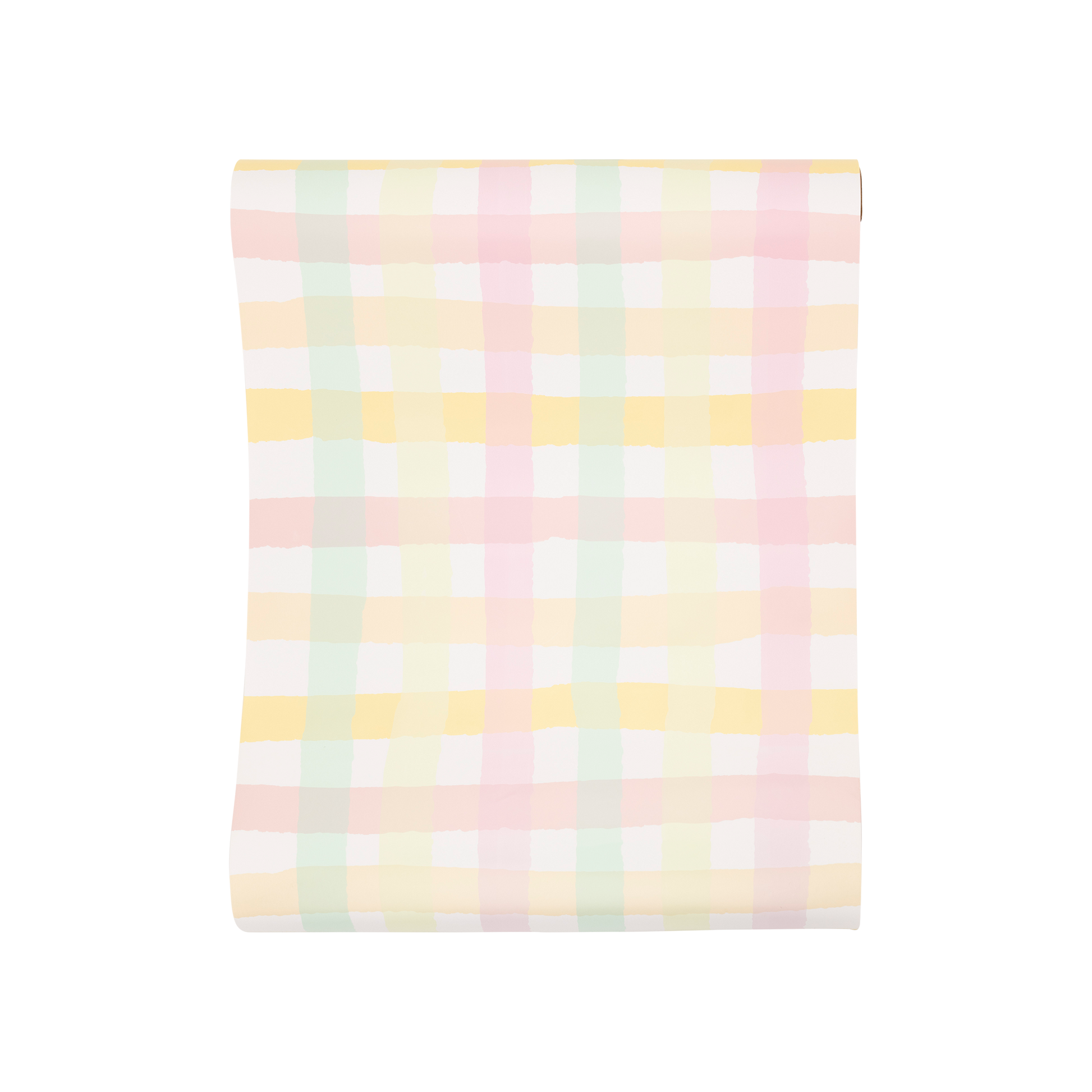 Pastel spring checks paper table runner laid flat, sold in Toronto at Confetti My Party with Canada-wide shipping