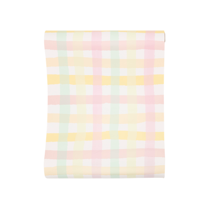 Pastel spring checks paper table runner laid flat, sold in Toronto at Confetti My Party with Canada-wide shipping