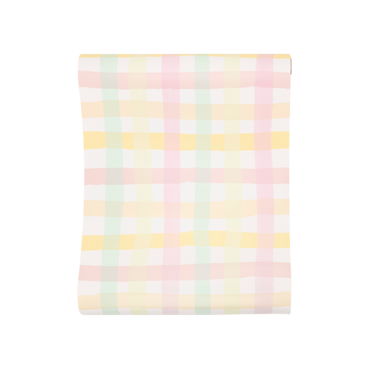 Pastel spring checks paper table runner laid flat, sold in Toronto at Confetti My Party with Canada-wide shipping