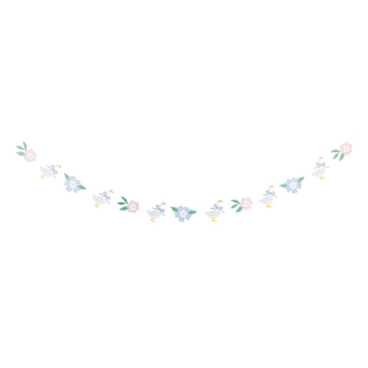 Spring goose banner with pastel flowers and bows displayed flat