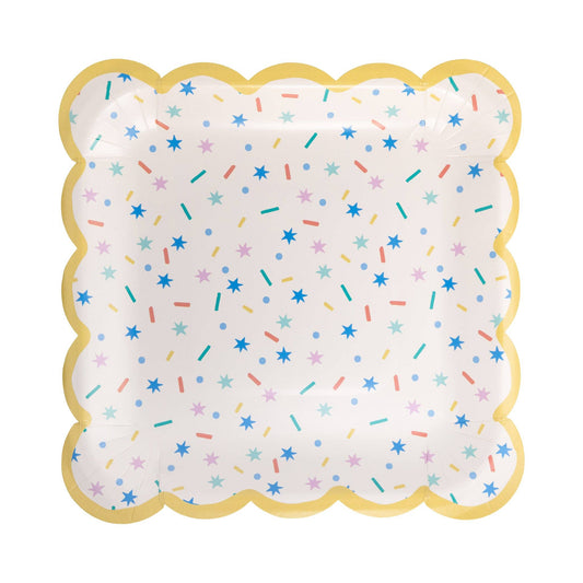 Square paper plate with colourful sprinkle and star design, perfect for birthday parties in Toronto.