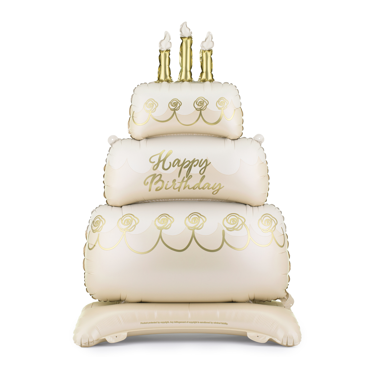 Standing happy birthday cake foil balloon with cream and gold design, perfect for birthday party decor available at our Toronto party shop.