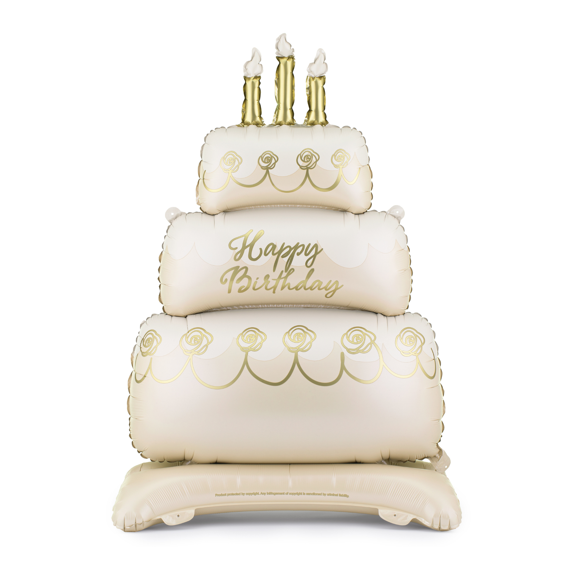 Standing happy birthday cake foil balloon with cream and gold design, perfect for birthday party decor available at our Toronto party shop.
