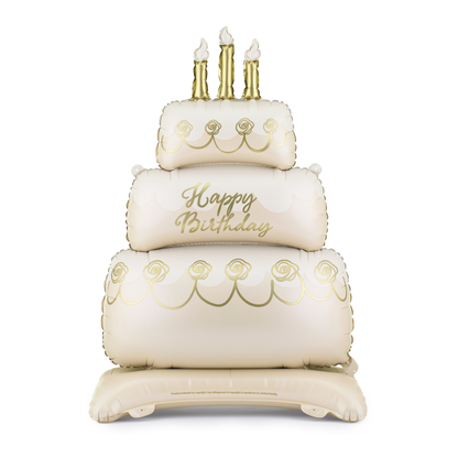 Standing happy birthday cake foil balloon with cream and gold design, perfect for birthday party decor available at our Toronto party shop.