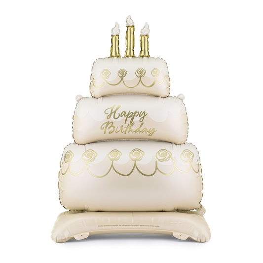 Standing happy birthday cake foil balloon with cream and gold design, perfect for birthday party decor available at our Toronto party shop.