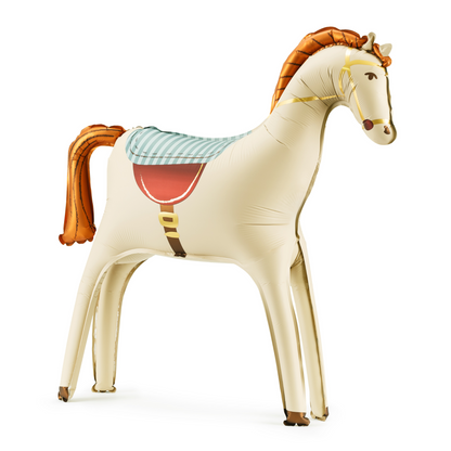Reusable cream standing horse foil balloon, perfect for barnyard and cowboy parties, available across Canada.