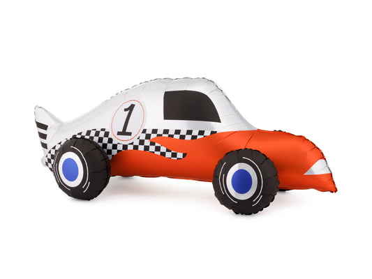 Air-filled race car foil balloon with number 1 on a white background