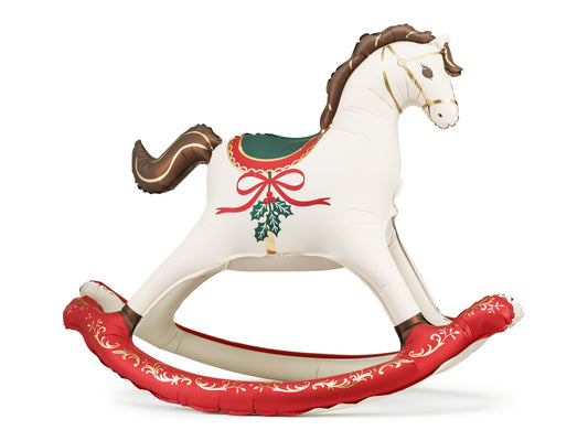 Standing rocking horse foil balloon with festive Christmas colours, available in Toronto and ships across Canada.