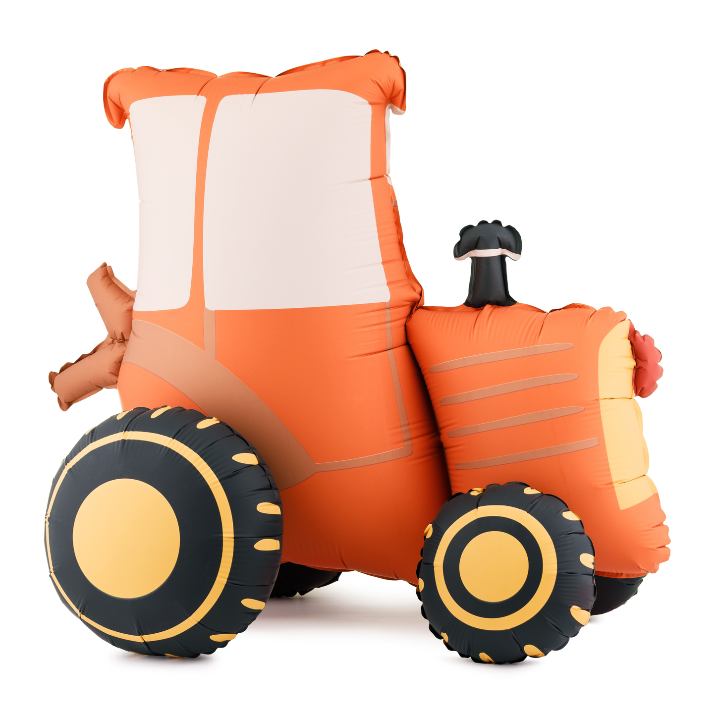 Air-filled toy tractor foil balloon with orange body, black wheels, and white seat on a white background