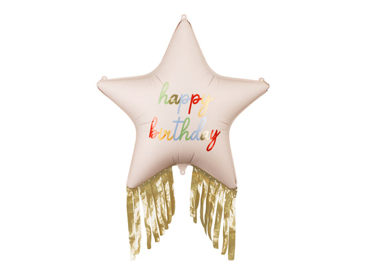 tar-shaped foil balloon with gold fringes and colourful Happy Birthday text, perfect for Toronto parties.