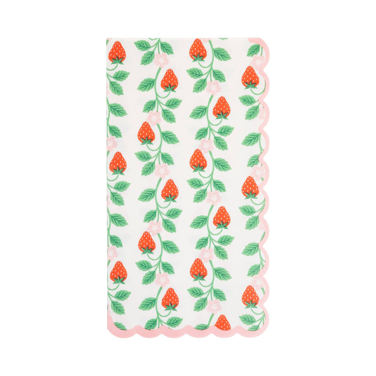 Strawberry first birthday guest napkin with pink scalloped edge
