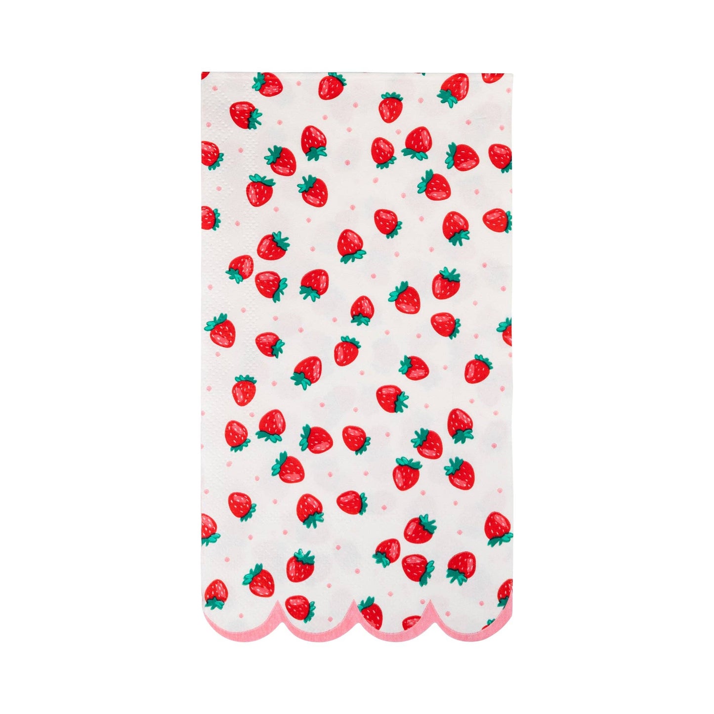 White napkin with red strawberry print and pink scalloped edge, perfect for summer parties in Toronto.