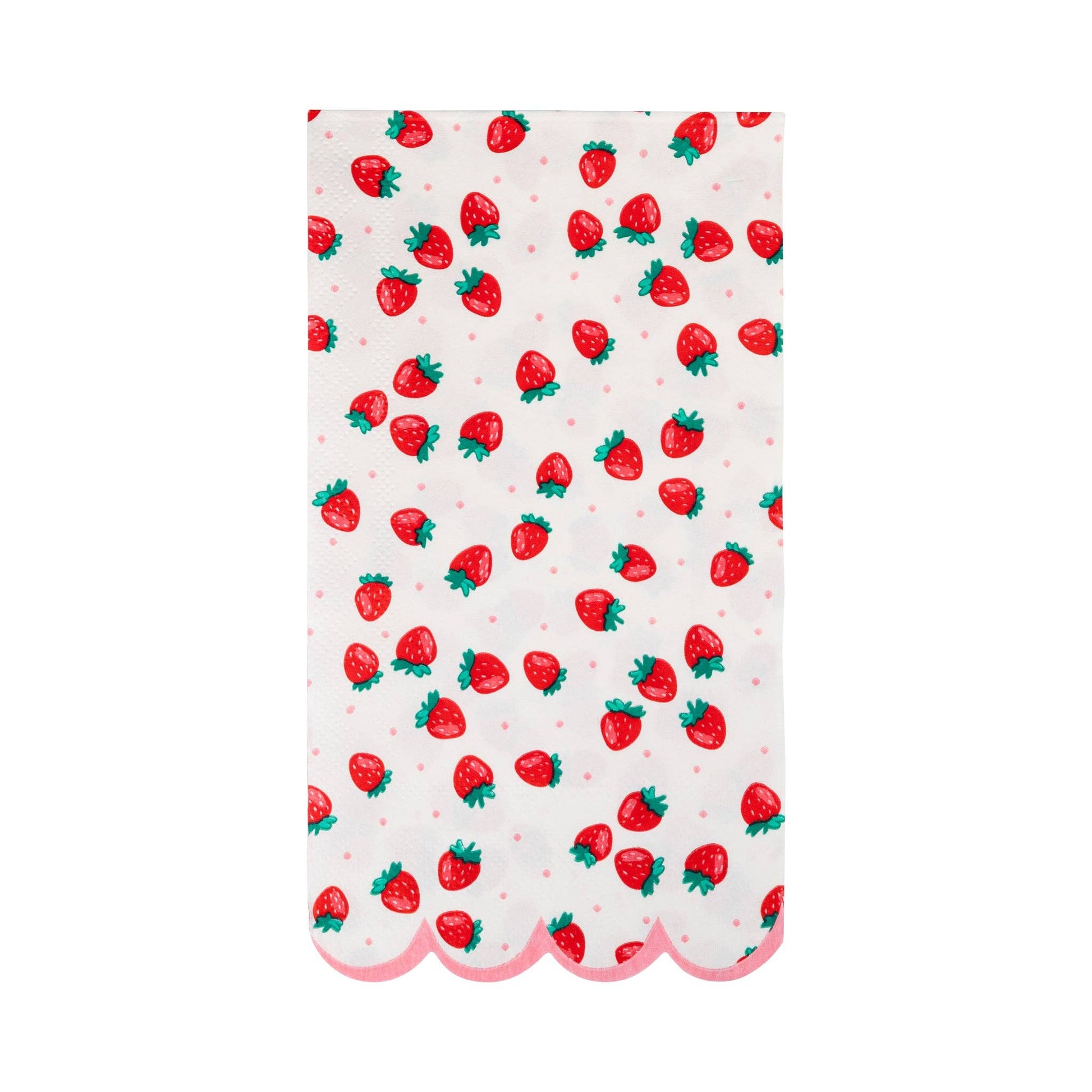 White napkin with red strawberry print and pink scalloped edge, perfect for summer parties in Toronto.