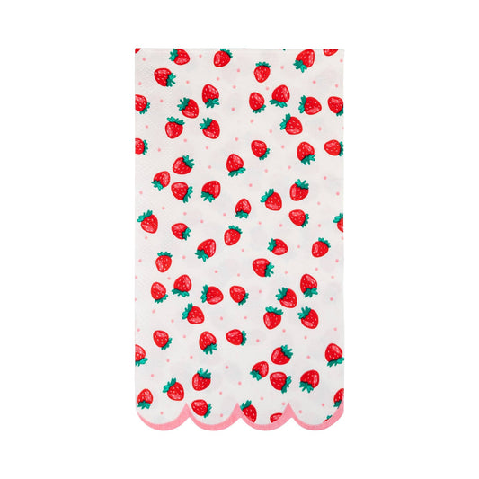 White napkin with red strawberry print and pink scalloped edge, perfect for summer parties in Toronto.