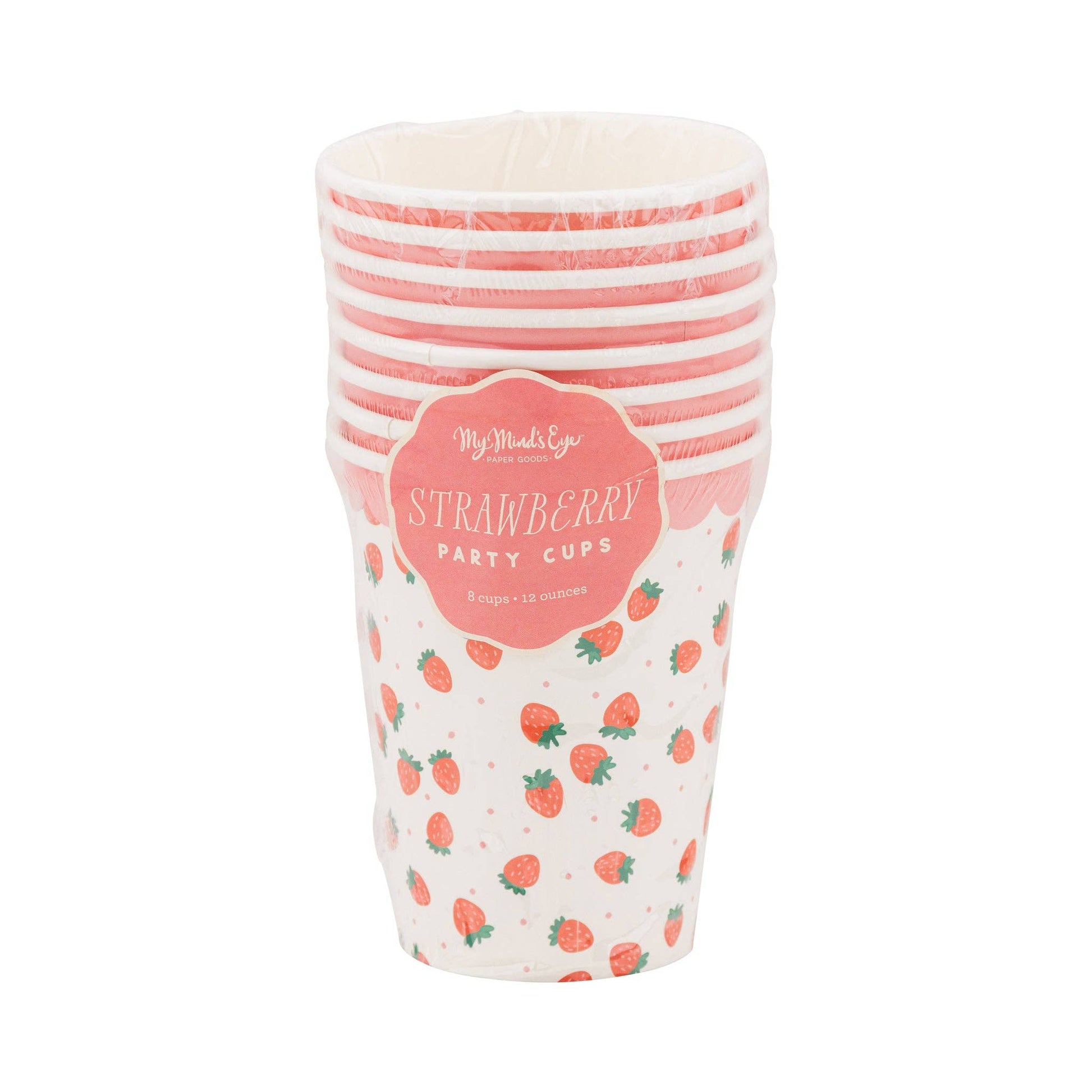 Set of eight strawberry party cups with pink scalloped edge packaging, available in Toronto.