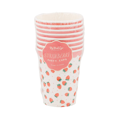 Set of eight strawberry party cups with pink scalloped edge packaging, available in Toronto.
