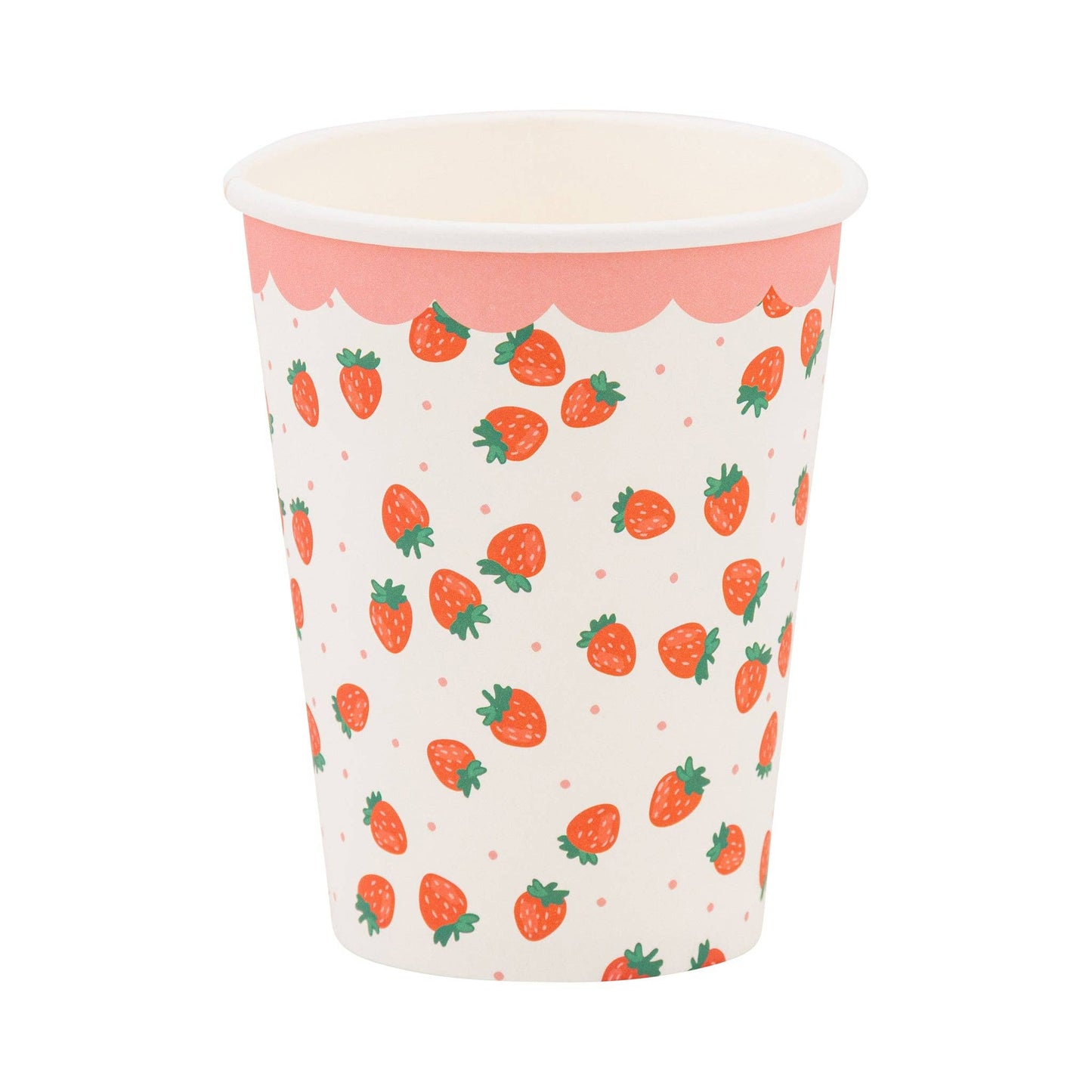 White paper cup with strawberry print and pink scalloped rim, perfect for fruit-themed parties in Toronto.