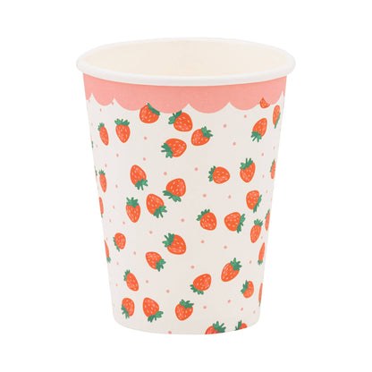 White paper cup with strawberry print and pink scalloped rim, perfect for fruit-themed parties in Toronto.