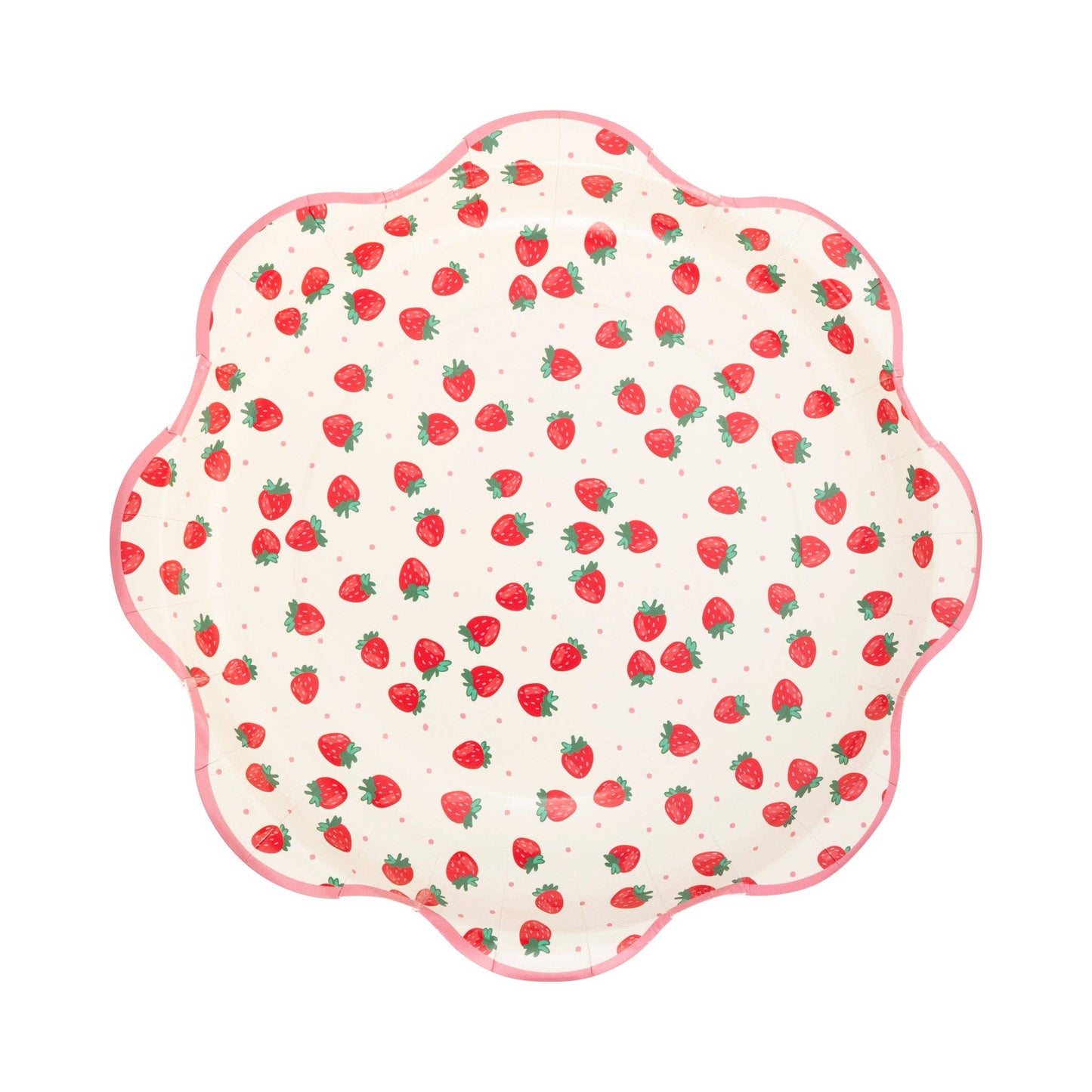 White paper plate with red strawberry print and pink scalloped edge, perfect for summer parties in Toronto.