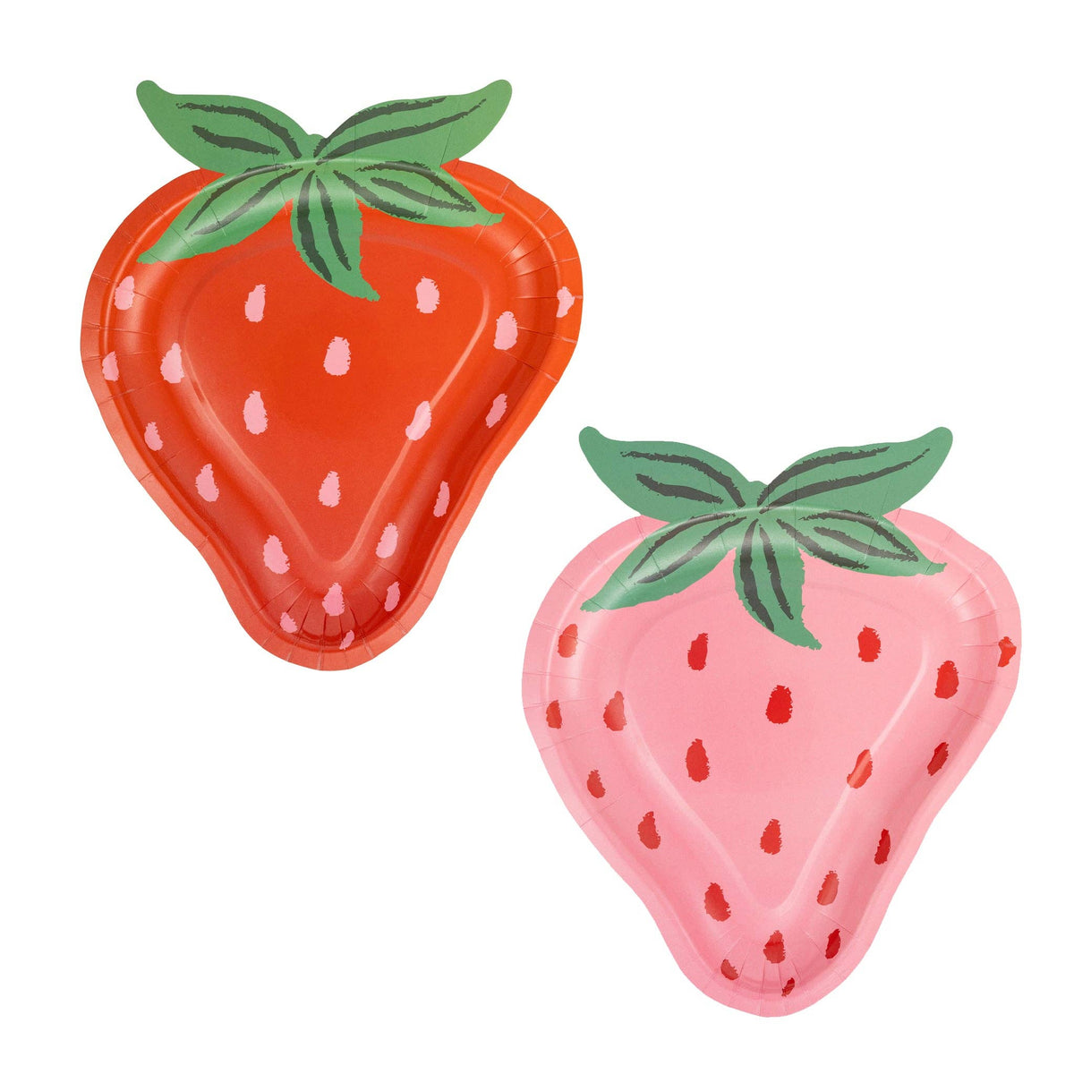 Pink and red strawberry shaped paper party plates with green leafy tops