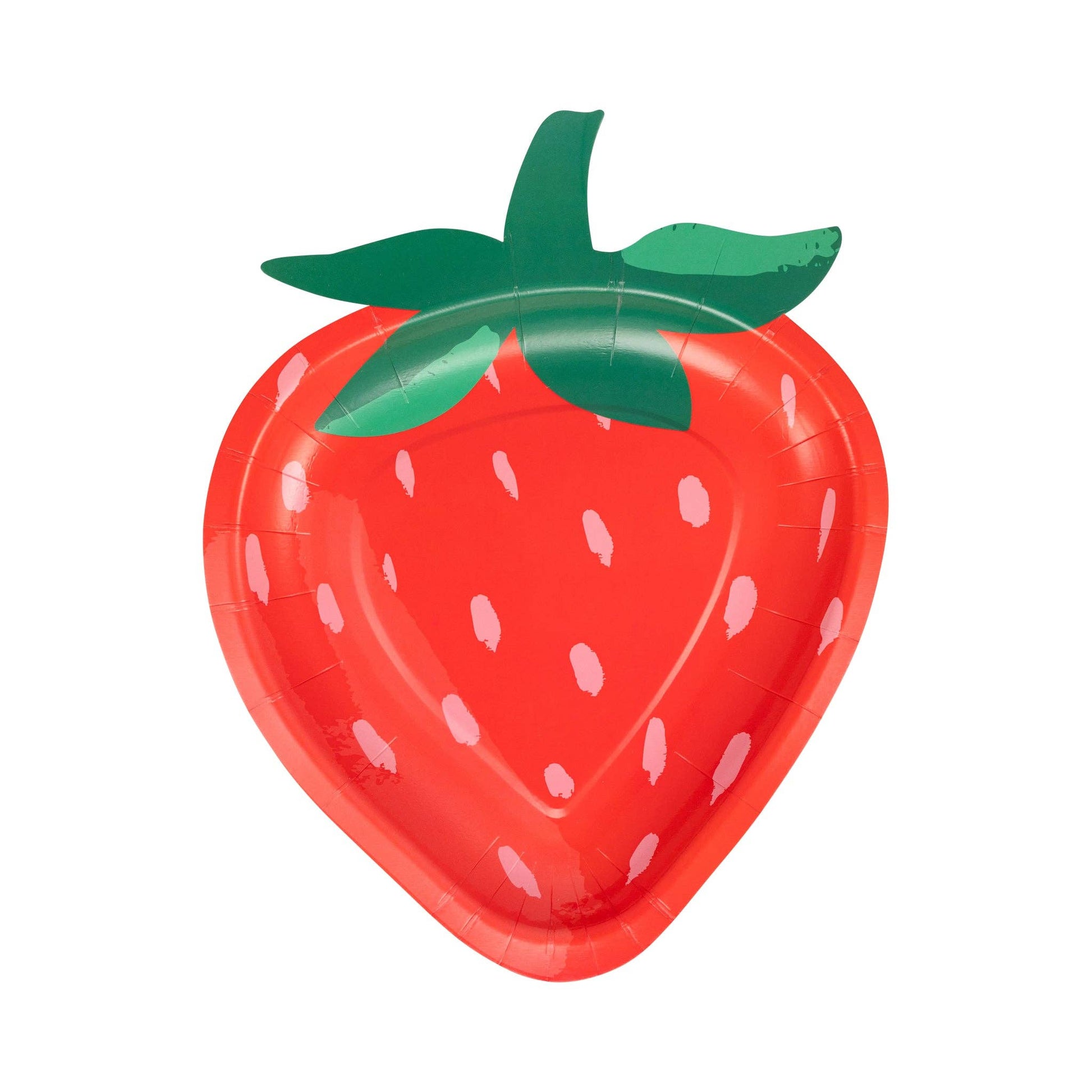 Red strawberry-shaped paper plate with green leaf top, perfect for summer parties and picnics in Toronto.