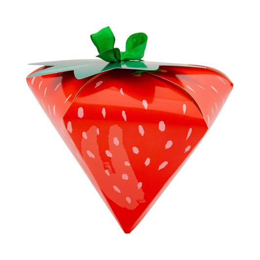 Red strawberry-shaped treat box with green leaf top and ribbon, perfect for parties and picnics in Toronto.