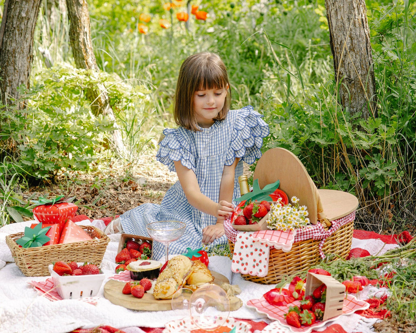 Child enjoying a summer picnic with strawberry napkins, plates, and treats in Toronto.