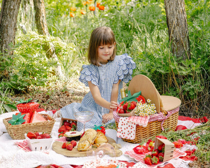 Child enjoying a summer picnic with strawberry napkins, plates, and treats in Toronto.